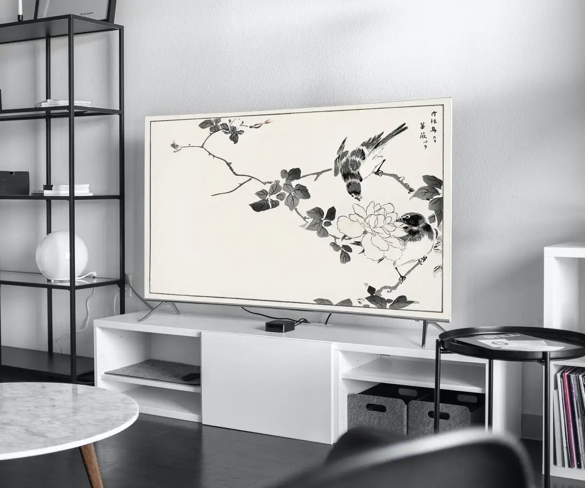 Detail view of artwork from Samsung Frame TV Art 4K Robin and Rose Vintage Japanese Wall Art. Instant Download Antique Japanese Art for the Frame TV. Vintage Wall Art. (variation 2)