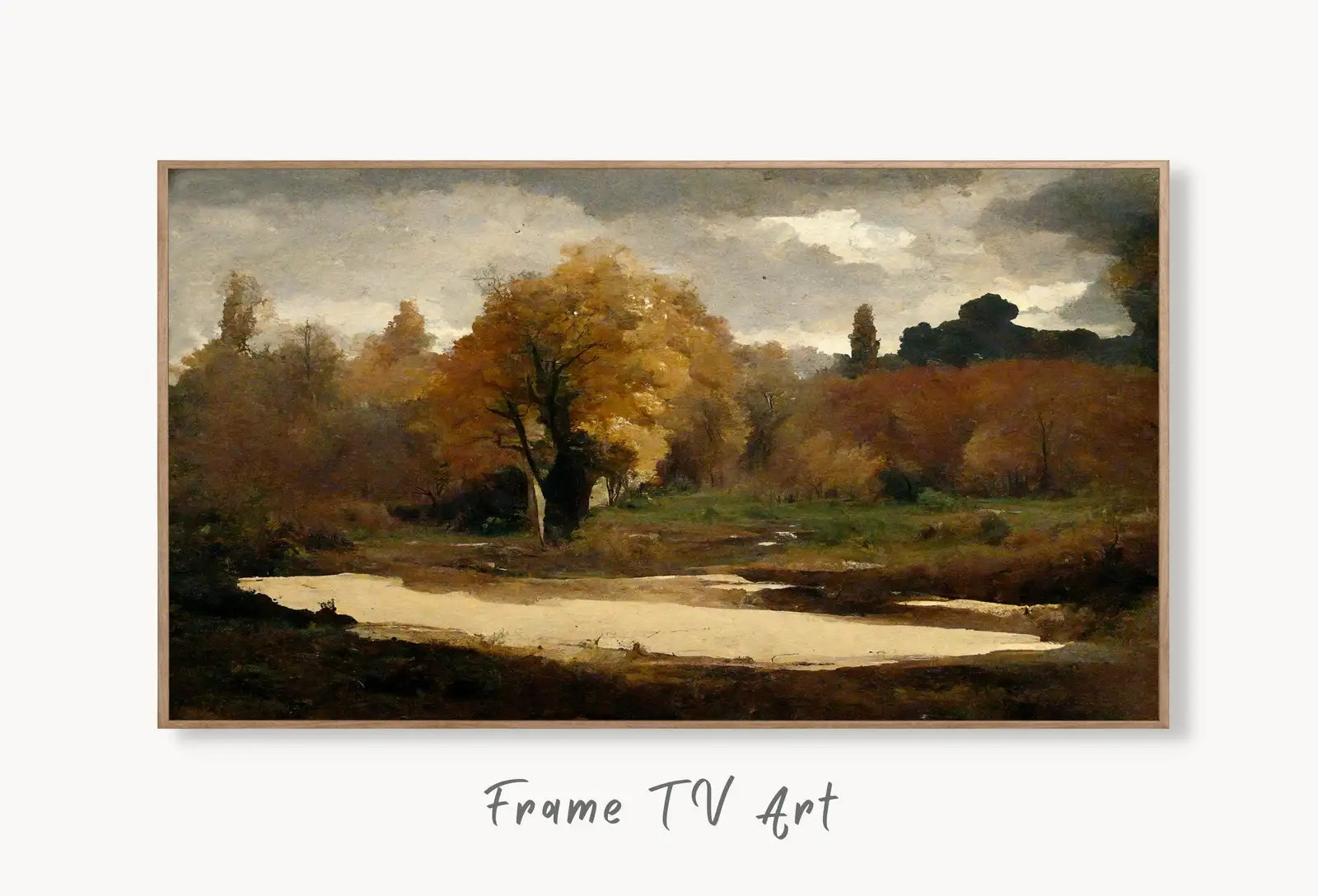 Samsung Frame TV Art 4K Rustic Autumn Landscape Digital Painting. Instant Download Muted Fall Art for the Samsung Frame TV. Moody Art for TV displayed on Samsung Frame TV on a living room wall.