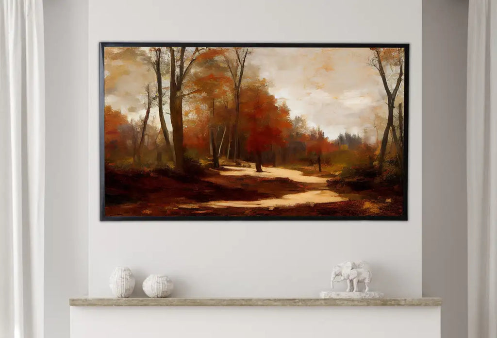 Detail view of artwork from Samsung Frame TV Art 4K Rustic Forest Trail in Autumn Landscape Digital Painting. Instant Download Fall Art for Samsung Frame TV. Art for TV. (variation 2)