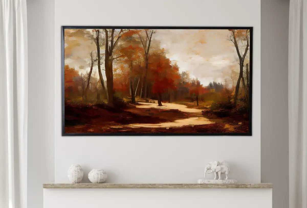 Detail view of artwork from Samsung Frame TV Art 4K Rustic Forest Trail in Autumn Landscape Digital Painting. Instant Download Fall Art for Samsung Frame TV. Art for TV. (variation 2)