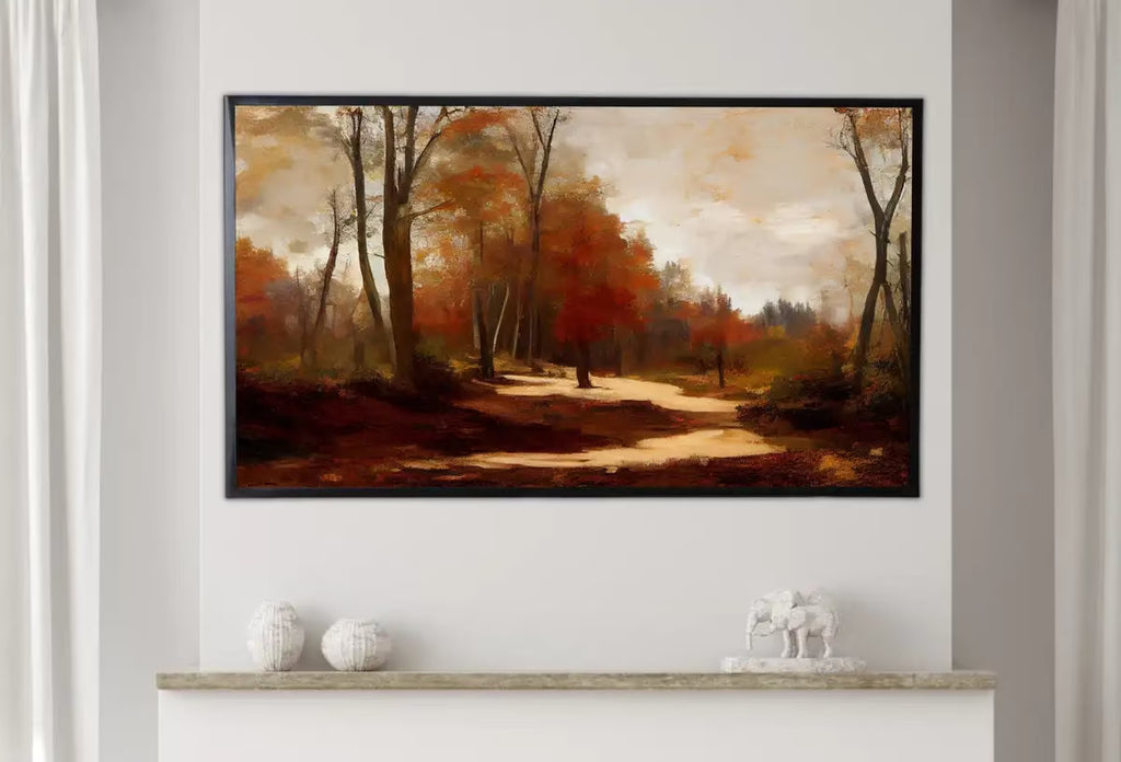 Samsung Frame TV Art 4K Rustic Forest Trail in Autumn Landscape Digital Painting. Instant Download Fall Art for Samsung Frame TV. Art for TV – Frame TV  Art