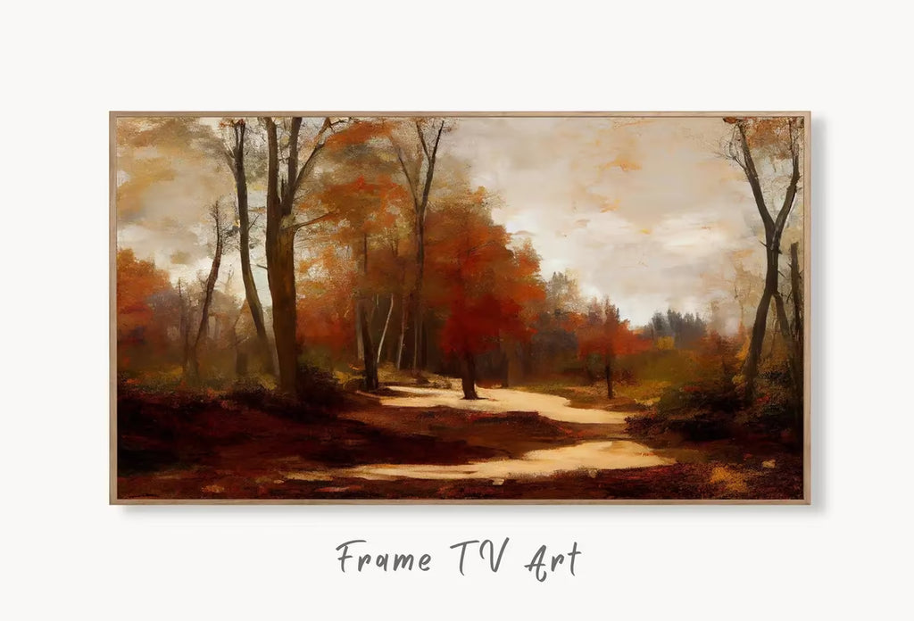 Samsung Frame TV Art 4K Rustic Forest Trail in Autumn Landscape Digital Painting. Instant Download Fall Art for Samsung Frame TV. Art for TV – Frame TV  Art