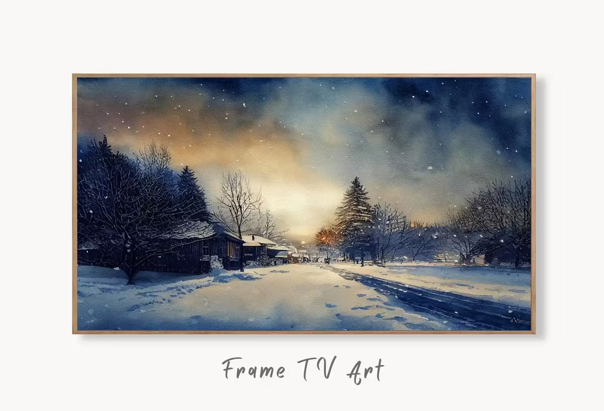 Samsung Frame TV Art 4K Rustic Winter Country Landscape Watercolor Painting. Instant Download Sunset Art for Frame TV. Nature Art for TV – Frame TV Art Set