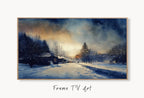 Samsung Frame TV Art 4K Rustic Winter Country Landscape Watercolor Painting. Instant Download Sunset Art for Frame TV. Nature Art for TV displayed on Samsung Frame TV on a living room wall.