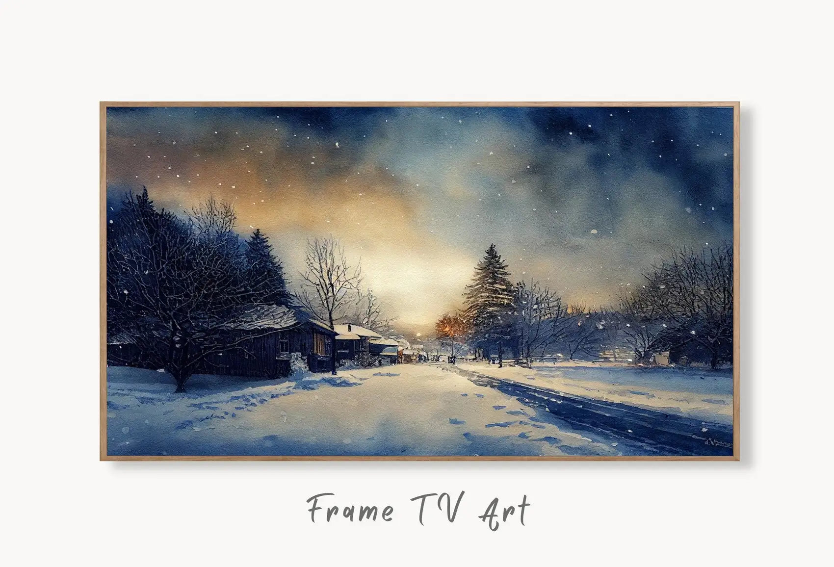 Samsung Frame TV Art 4K Rustic Winter Country Landscape Watercolor Painting. Instant Download Sunset Art for Frame TV. Nature Art for TV displayed on Samsung Frame TV on a living room wall.
