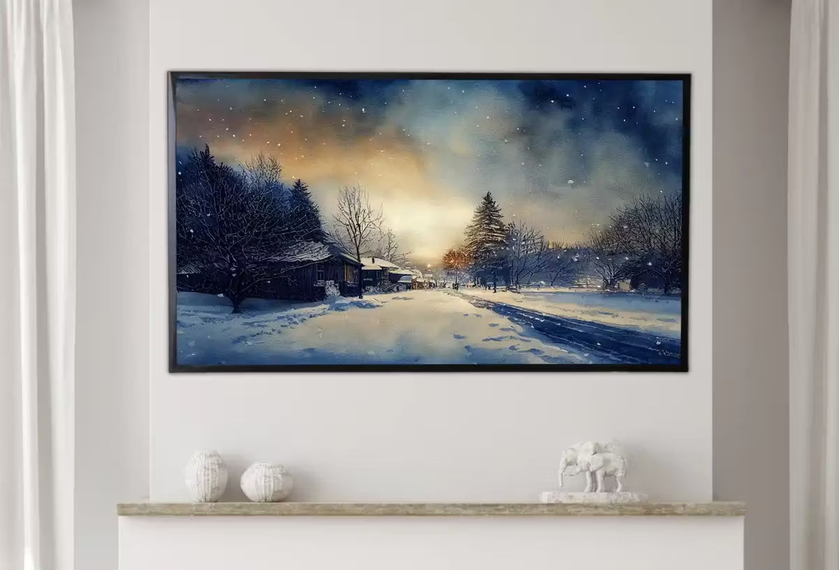 Samsung Frame TV Art 4K Rustic Winter Country Landscape Watercolor Painting. Instant Download Sunset Art for Frame TV. Nature Art for TV – Frame TV Art Set
