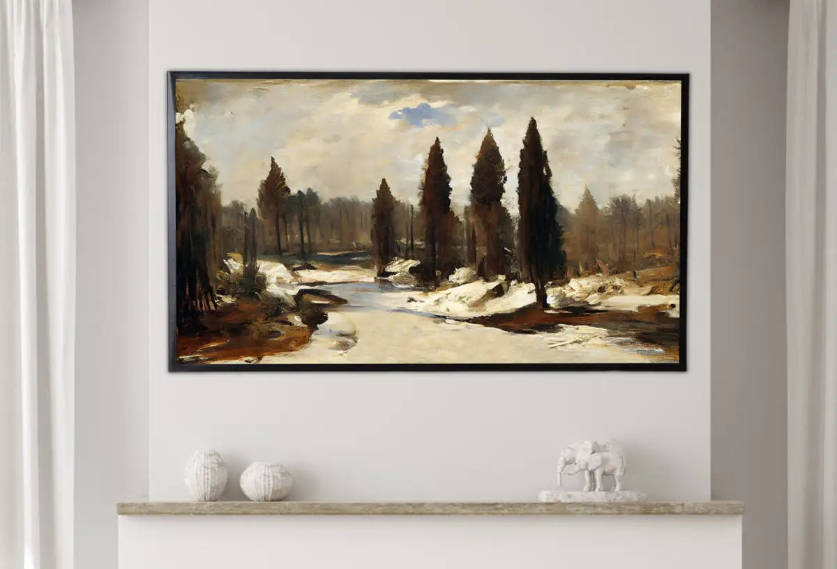 Detail view of artwork from Samsung Frame TV Art 4K Rustic Winter Landscape Forest Painting. Instant Download Muted Snow Art for the Samsung Frame TV. Moody Art for TV. (variation 2)