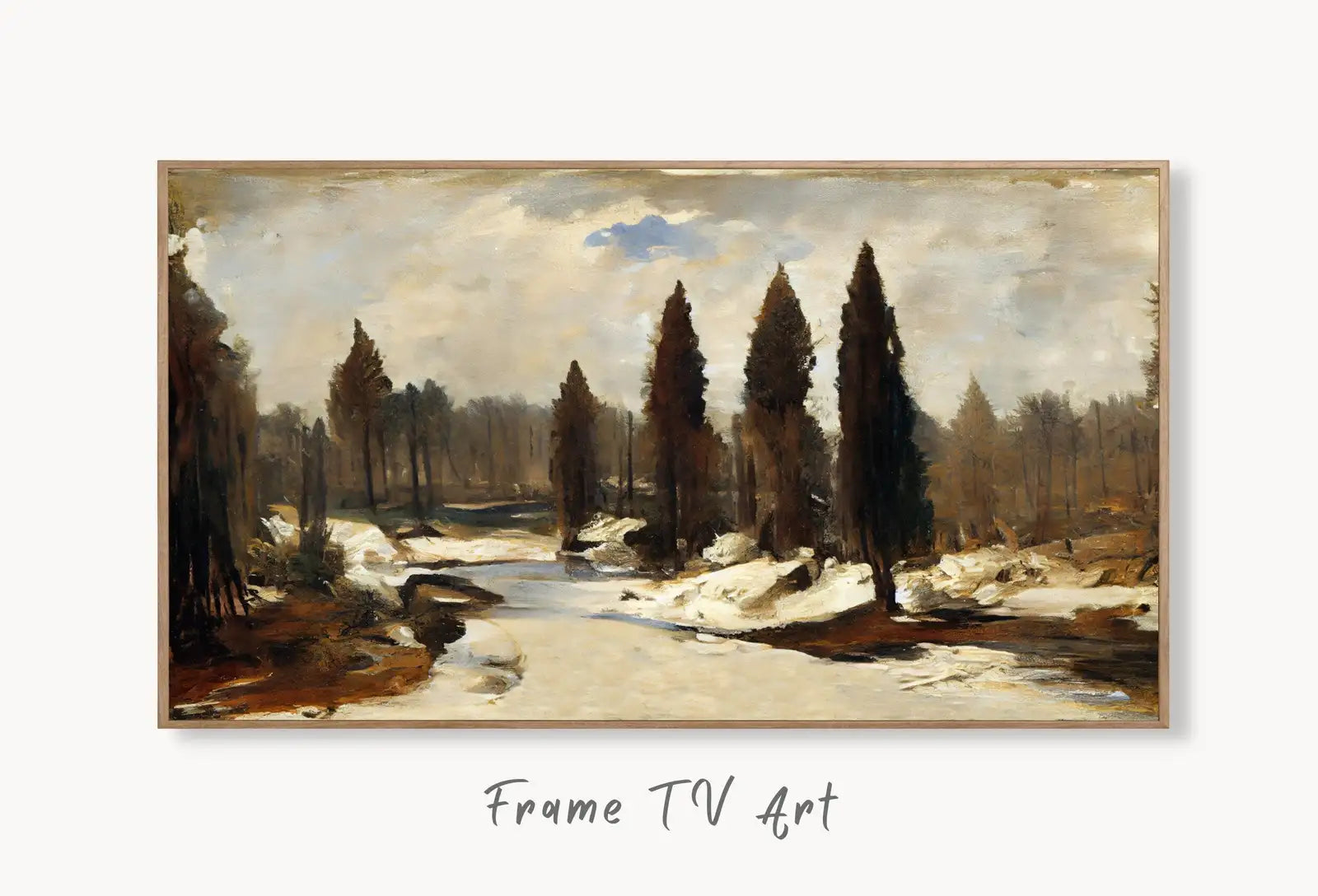 Samsung Frame TV Art 4K Rustic Winter Landscape Forest Painting. Instant Download Muted Snow Art for the Samsung Frame TV. Moody Art for TV displayed on Samsung Frame TV on a living room wall.