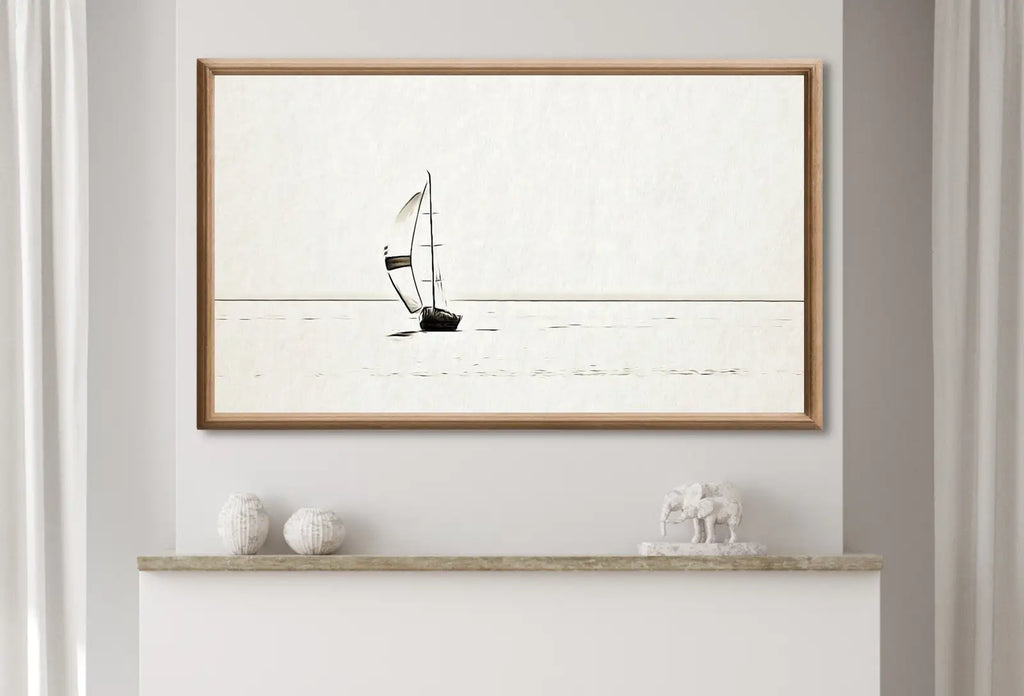 Detail view of artwork from Samsung Frame TV Art 4K Sail Boat At Sea Painting, Nautical Wall Decor. Instant Download Minimalist Boat Art for the Frame TV. Art for TV. (variation 1)