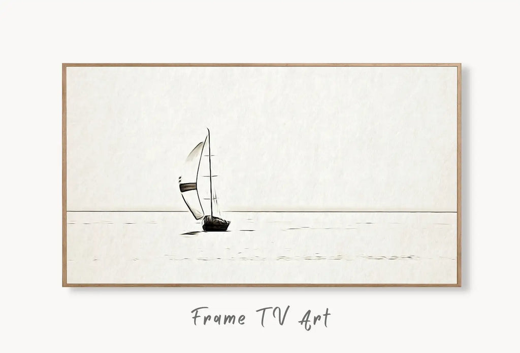 Samsung Frame TV Art 4K Sail Boat At Sea Painting, Nautical Wall Decor. Instant Download Minimalist Boat Art for the Frame TV. Art for TV displayed on Samsung Frame TV on a living room wall.