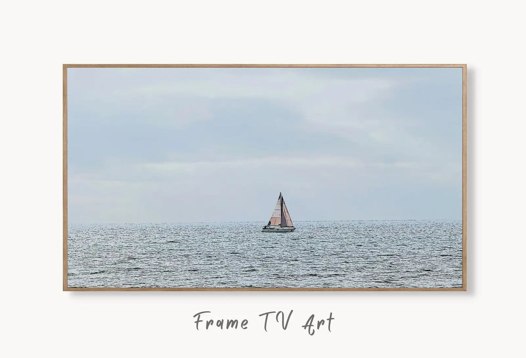 Samsung Frame TV Art 4K Sailboat Digital Painting Nautical Wall Art. Instant Download Boat Painting for the Frame TV. Sailing Art for TV displayed on Samsung Frame TV on a living room wall.
