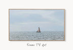 Samsung Frame TV Art 4K Sailboat Digital Painting Nautical Wall Art. Instant Download Boat Painting for the Frame TV. Sailing Art for TV displayed on Samsung Frame TV on a living room wall.