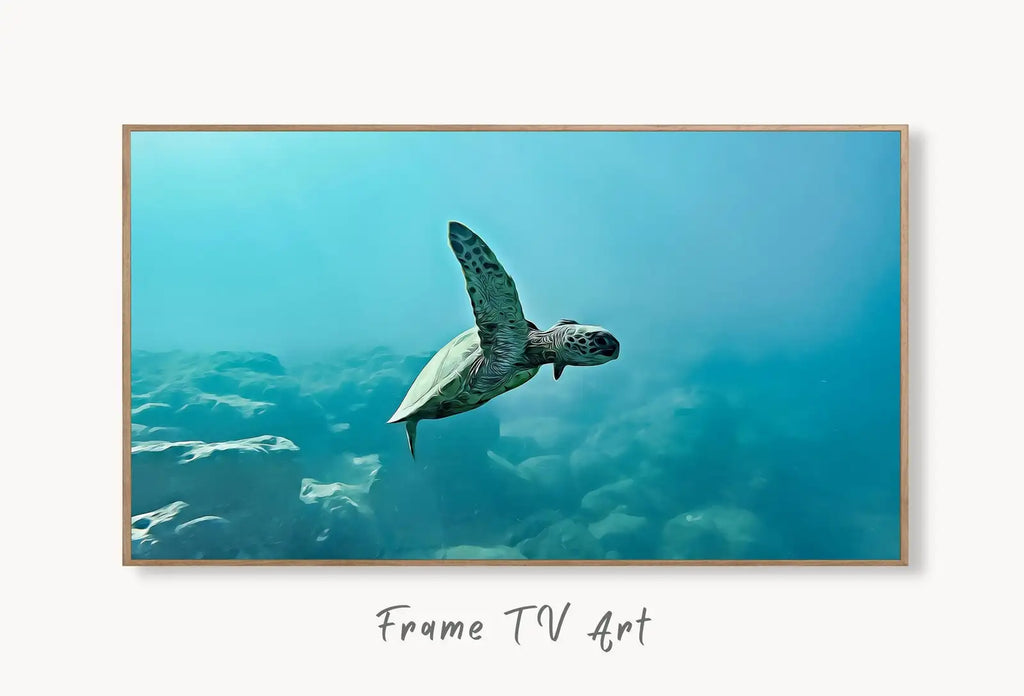 Samsung Frame TV Art 4K Sea Turtle Wall Art Digital Painting. Instant Download Turtle Ocean Art for the Samsung Frame TV. Turtle Art for TV displayed on Samsung Frame TV on a living room wall.