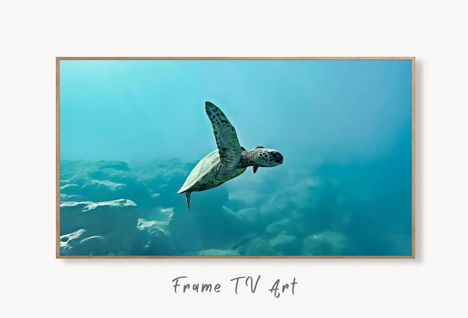 Samsung Frame TV Art 4K Sea Turtle Wall Art Digital Painting. Instant Download Turtle Ocean Art for the Samsung Frame TV. Turtle Art for TV displayed on Samsung Frame TV on a living room wall.