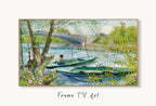 Samsung Frame TV Art 4K Seine River in Springtime Famous Painting by Vincent van Gogh. Instant Download van Gogh Landscape for the Frame TV displayed on Samsung Frame TV on a living room wall.
