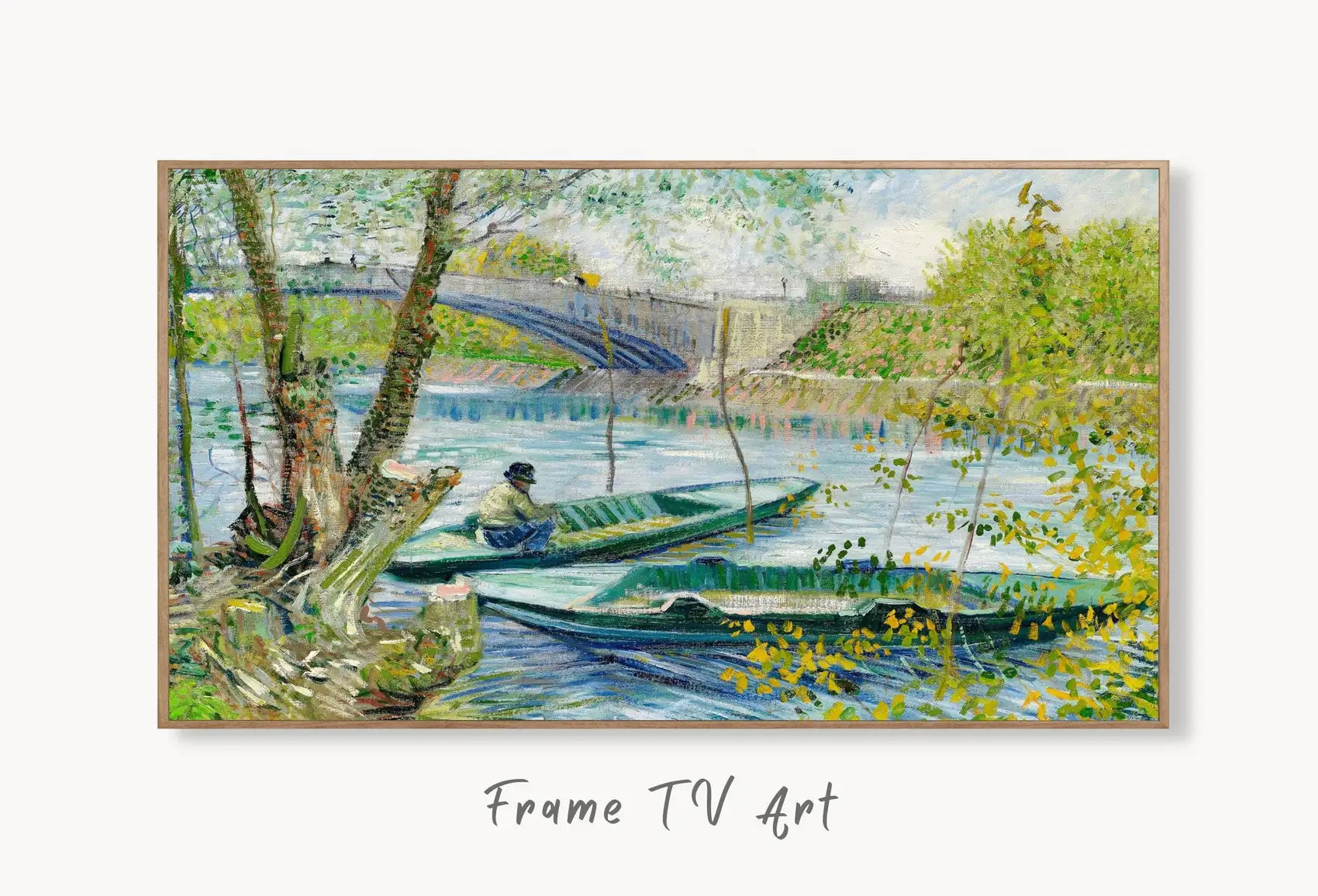 Samsung Frame TV Art 4K Seine River in Springtime Famous Painting by Vincent van Gogh. Instant Download van Gogh Landscape for the Frame TV displayed on Samsung Frame TV on a living room wall.