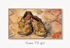 Samsung Frame TV Art 4K "Shoes" Famous Still Life Painting by Vincent van Gogh. Instant Download van Gogh Art for Frame TV. Vintage Decor displayed on Samsung Frame TV on a living room wall.
