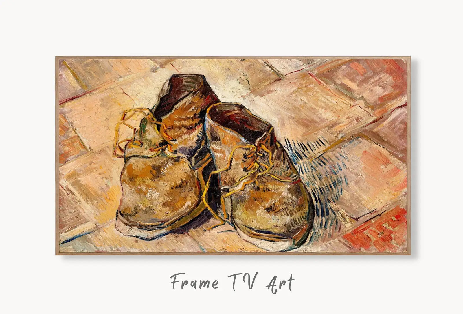 Samsung Frame TV Art 4K "Shoes" Famous Still Life Painting by Vincent van Gogh. Instant Download van Gogh Art for Frame TV. Vintage Decor displayed on Samsung Frame TV on a living room wall.