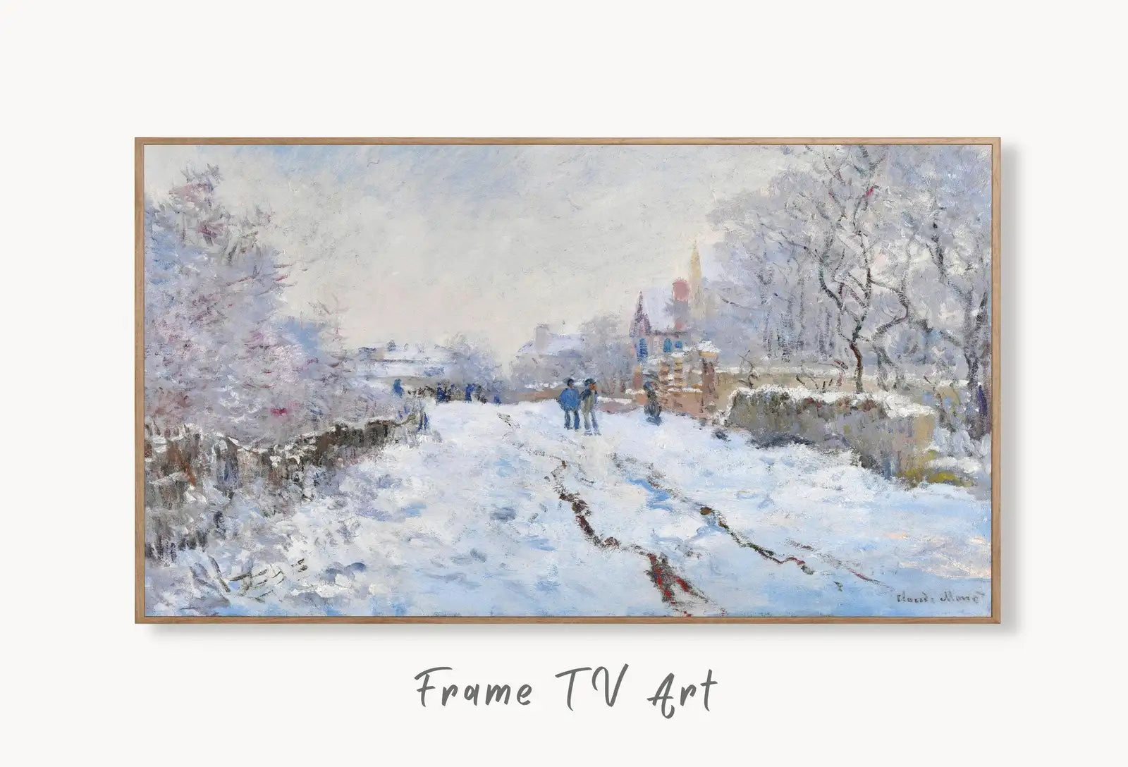 Samsung Frame TV Art 4K Snow at Argenteuil Famous Claude Monet Painting. Instant Download Landscape Wall Art for Frame TV. Vintage Wall Art displayed on Samsung Frame TV on a living room wall.