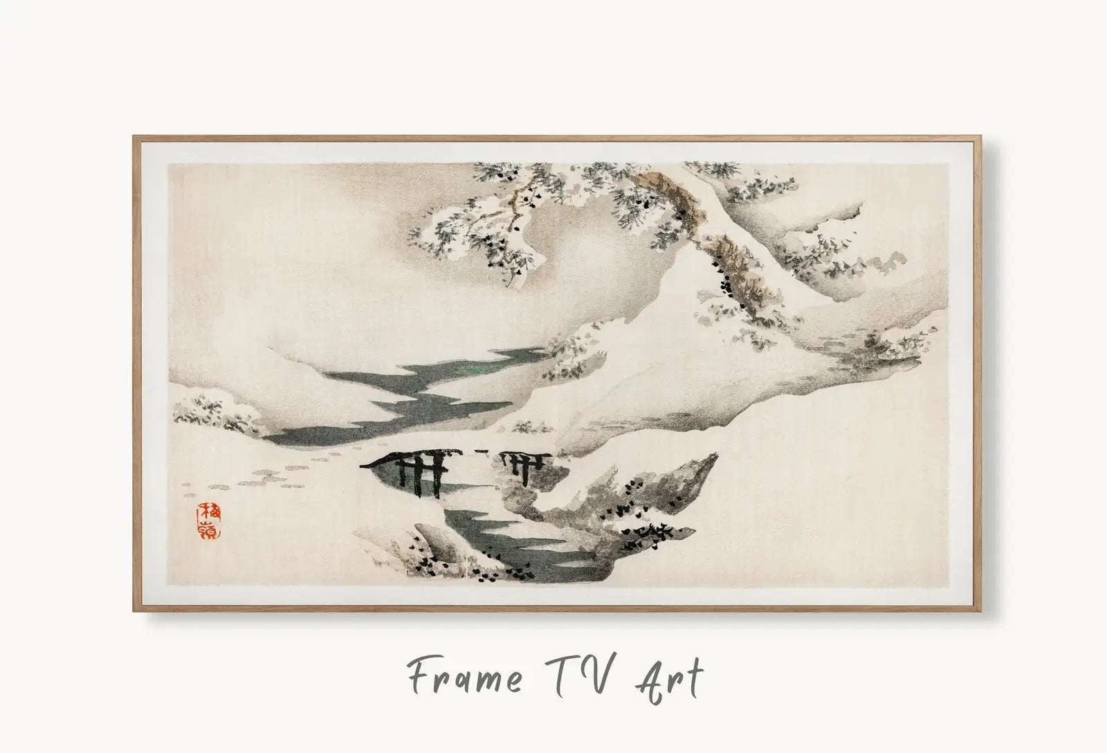 Samsung Frame TV Art 4K Snow Landscape Vintage Japanese Wall Art. Instant Download Antique Japanese Art for the Frame TV. Vintage Wall Art displayed on Samsung Frame TV on a living room wall.