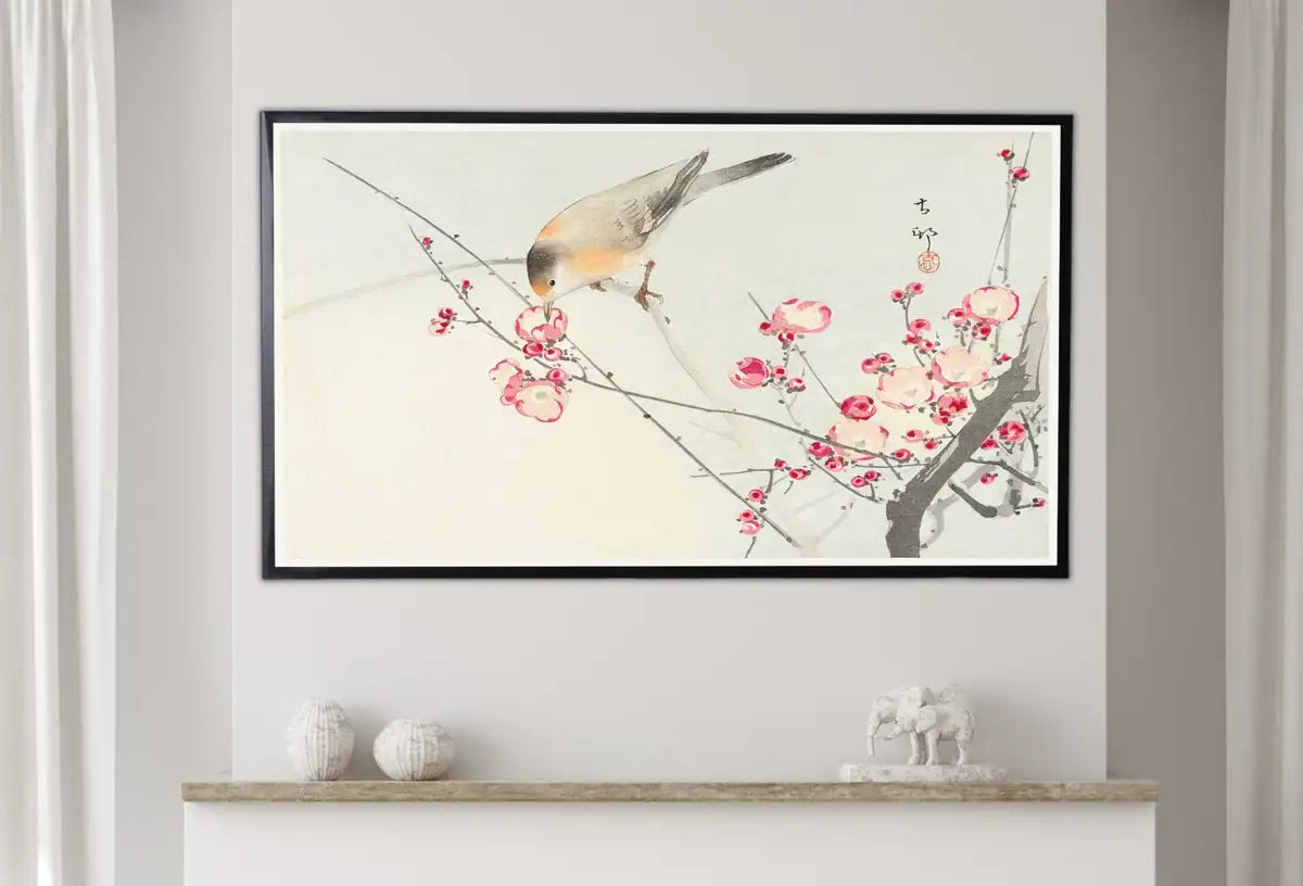 Detail view of artwork from Samsung Frame TV Art 4K Songbird on Blossom Tree Vintage Japanese Wall Art. Instant Download Antique Japanese Art for the Frame TV. Bird Art. (variation 2)