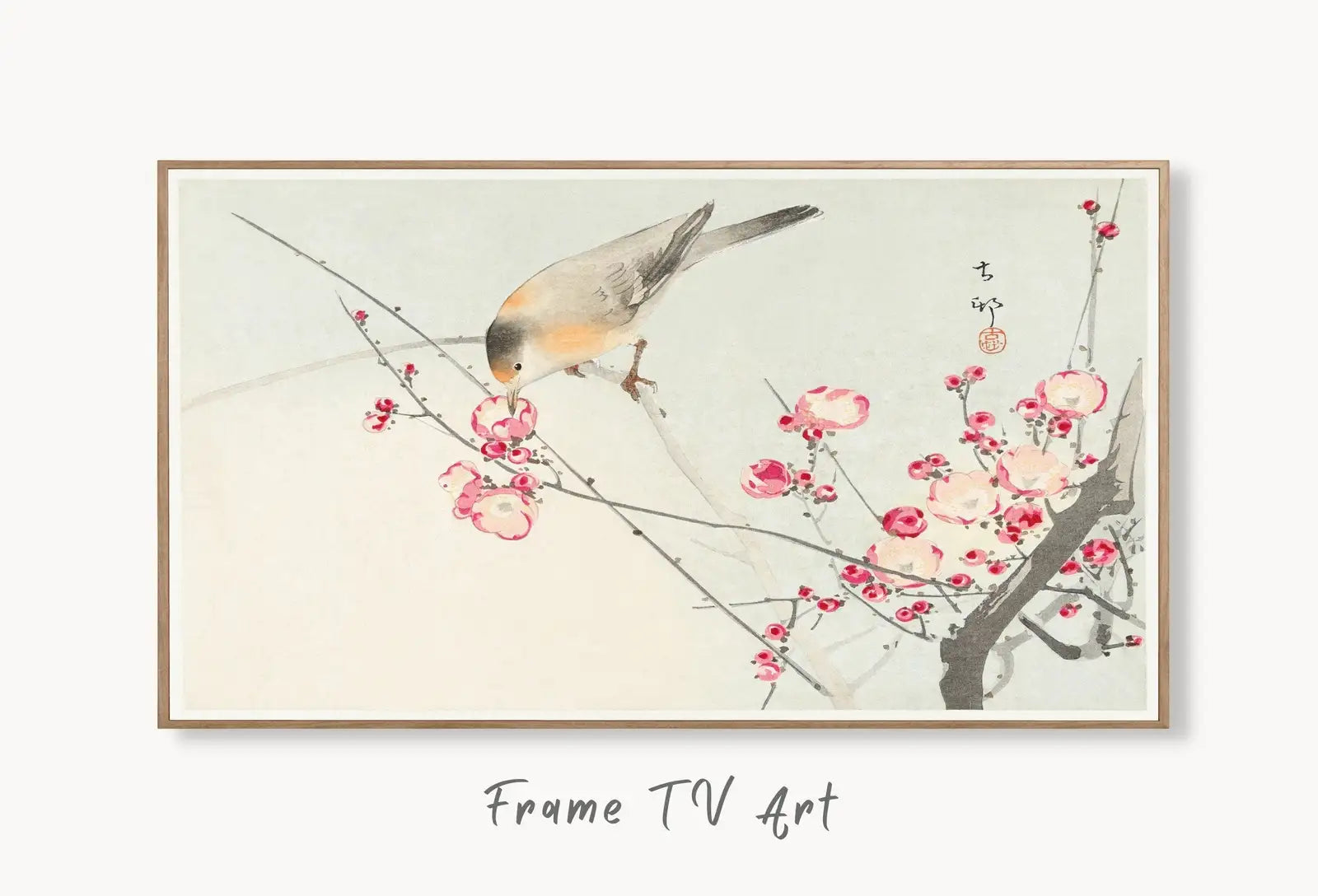 Samsung Frame TV Art 4K Songbird on Blossom Tree Vintage Japanese Wall Art. Instant Download Antique Japanese Art for the Frame TV. Bird Art displayed on Samsung Frame TV on a living room wall.