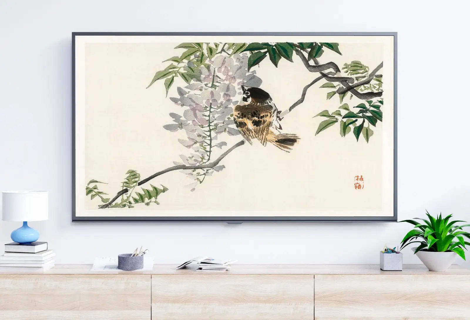 Detail view of artwork from Samsung Frame TV Art 4K Sparrow on a Branch Vintage Japanese Wall Art. Instant Download Antique Japanese Art for the Frame TV. Bird Art. (variation 1)
