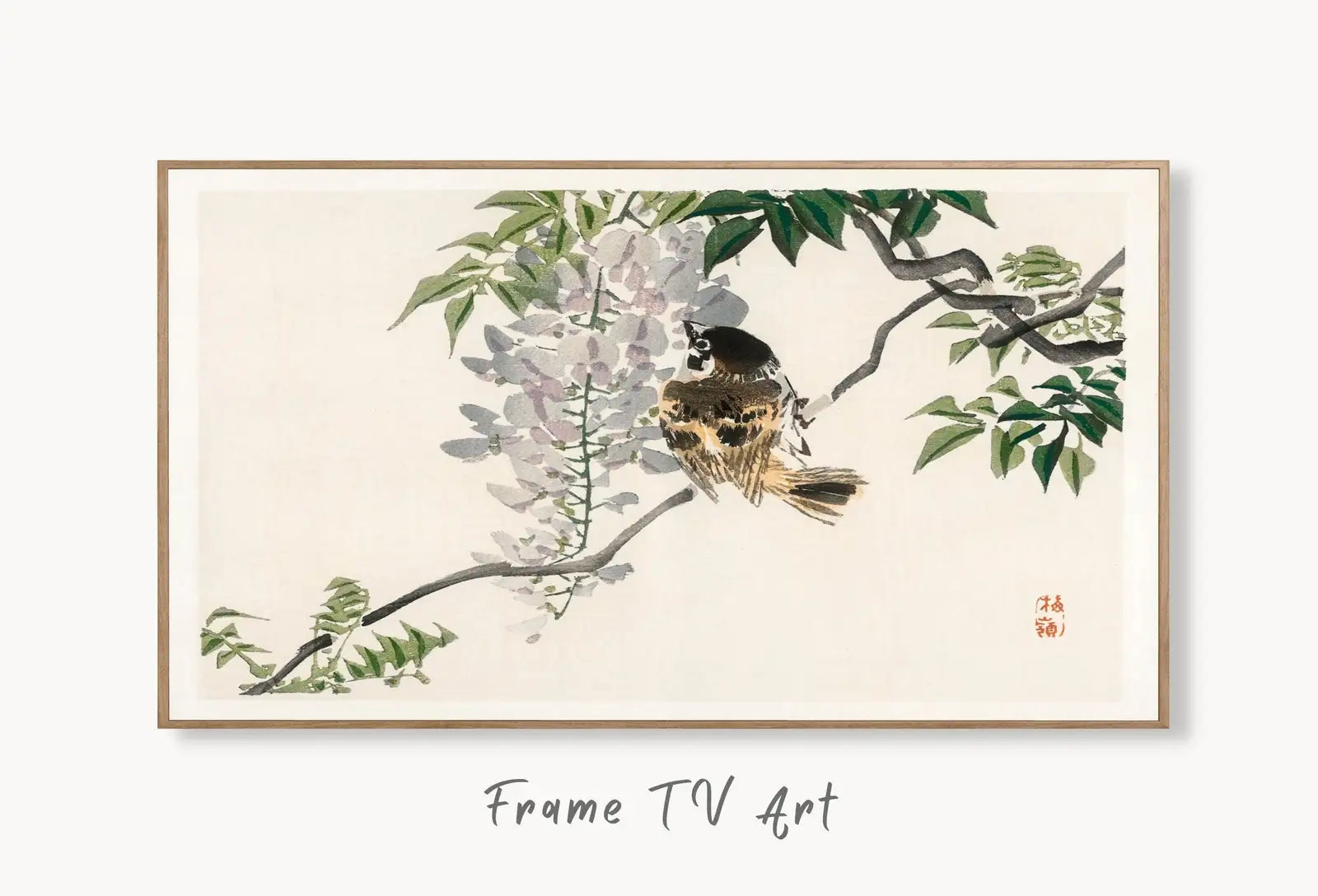 Samsung Frame TV Art 4K Sparrow on a Branch Vintage Japanese Wall Art. Instant Download Antique Japanese Art for the Frame TV. Bird Art displayed on Samsung Frame TV on a living room wall.