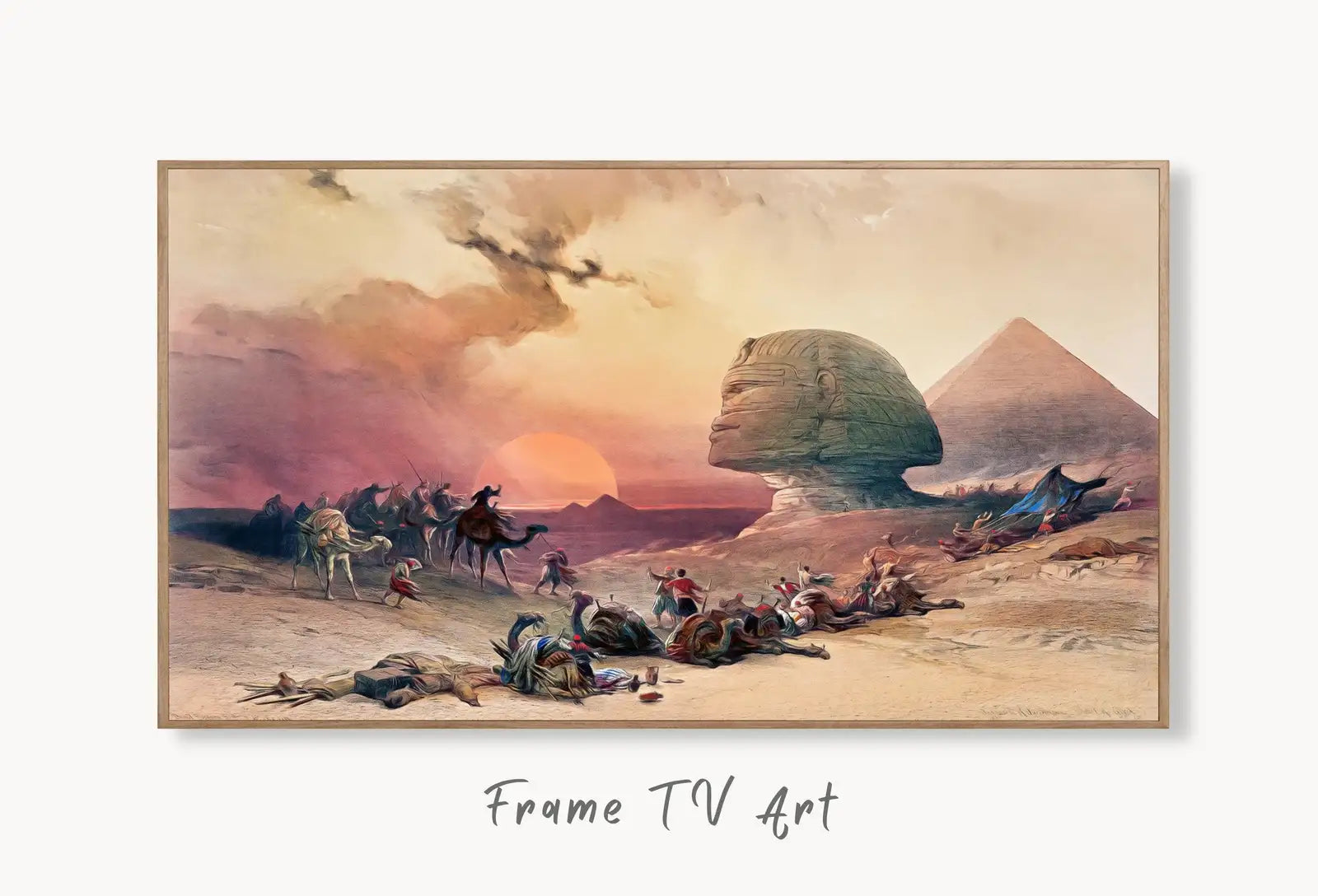 Samsung Frame TV Art 4K Sphinx of Giza & Pyramid Ancient Egyptian Wall Art. Instant Download Antique Vintage Egyptian Art for Frame TV. displayed on Samsung Frame TV on a living room wall.