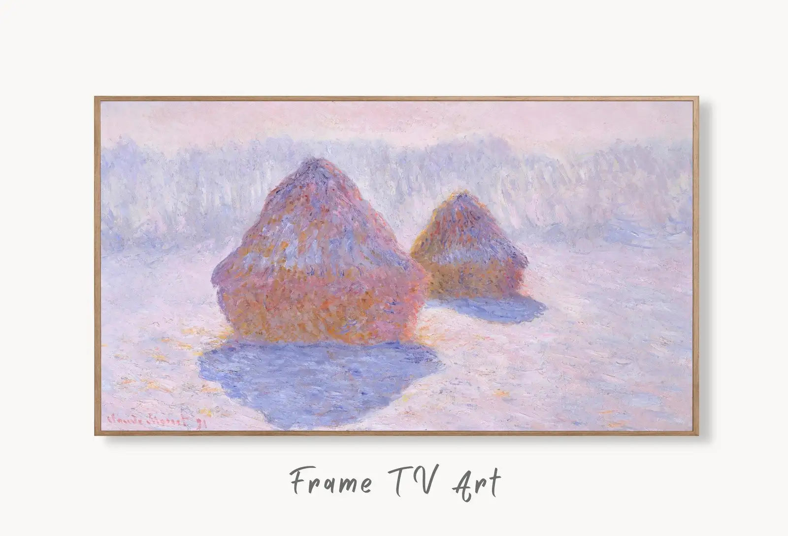 Samsung Frame TV Art 4K Stacks of Wheat Monet Famous Painting. Instant Download Landscape Art for Samsung Frame TV. Claude Monet TV Art displayed on Samsung Frame TV on a living room wall.
