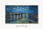 Samsung Frame TV Art 4K Starry Night Over the Rhone Famous Painting by Vincent van Gogh. Instant Download van Gogh Art for the Frame TV displayed on Samsung Frame TV on a living room wall.