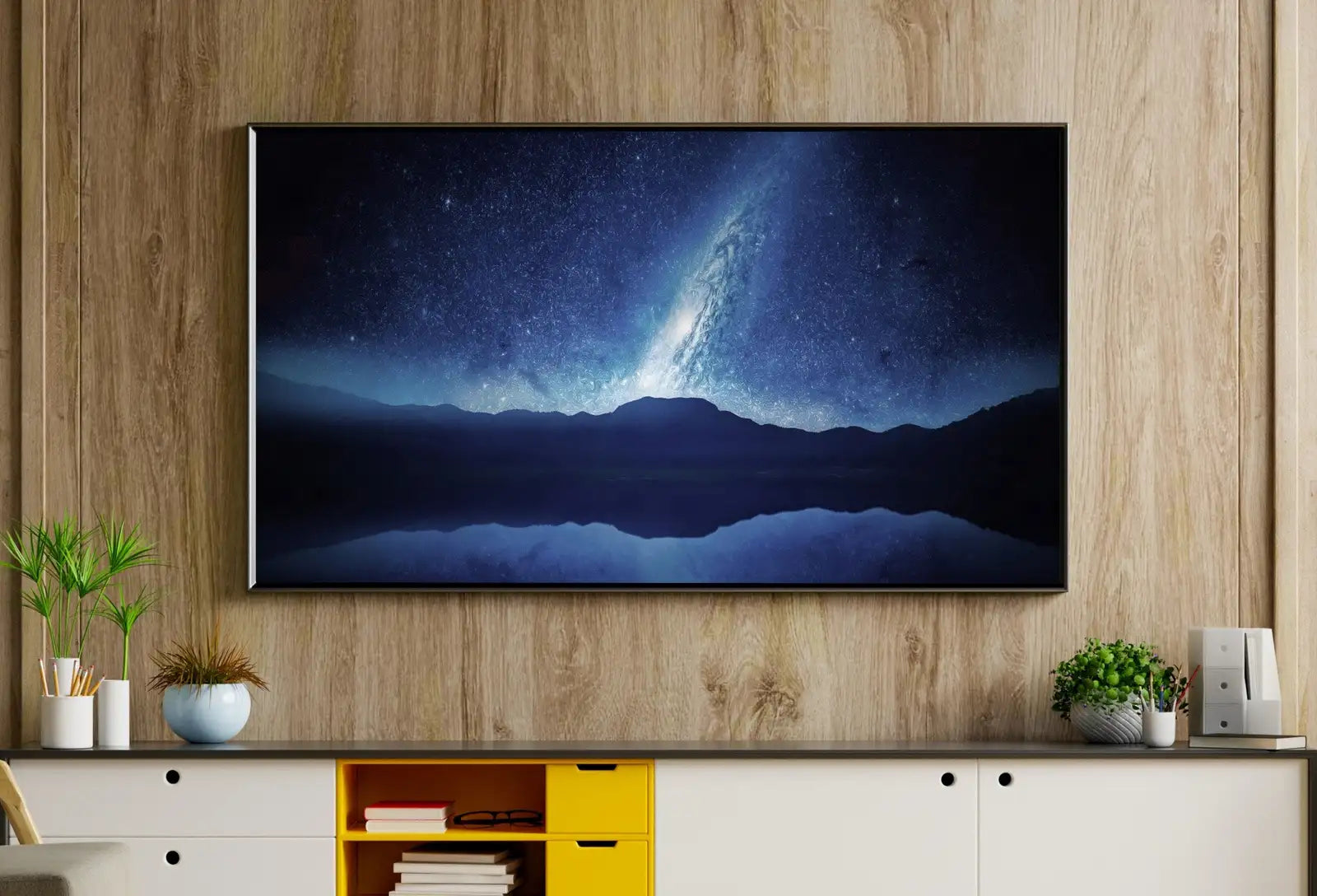 Detail view of artwork from Samsung Frame TV Art 4K Stars at Night over Mountains Landscape Wall Art. Instant Download Blue Mountain Digital Painting. Art for Frame TV. (variation 1)