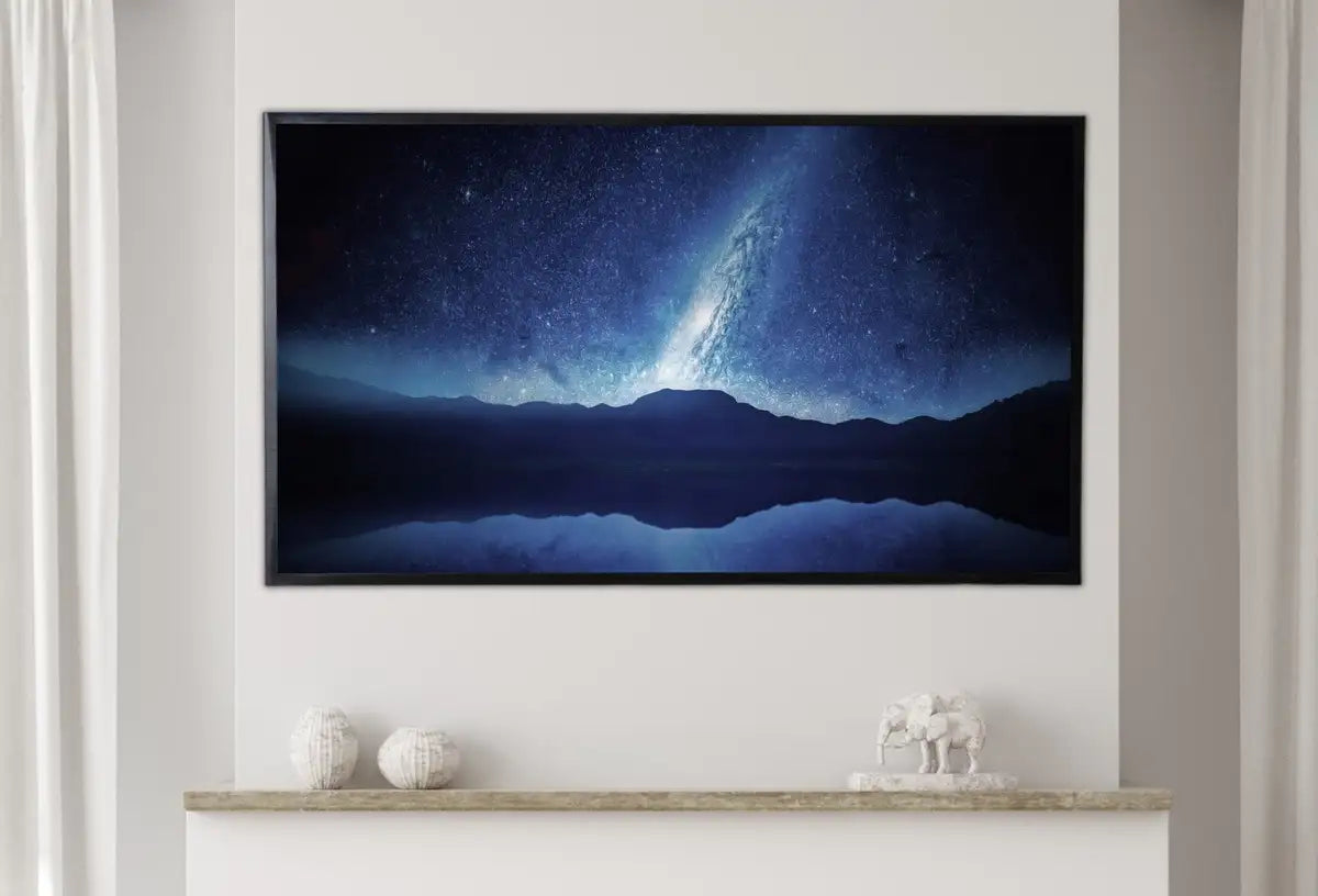 Detail view of artwork from Samsung Frame TV Art 4K Stars at Night over Mountains Landscape Wall Art. Instant Download Blue Mountain Digital Painting. Art for Frame TV. (variation 5)