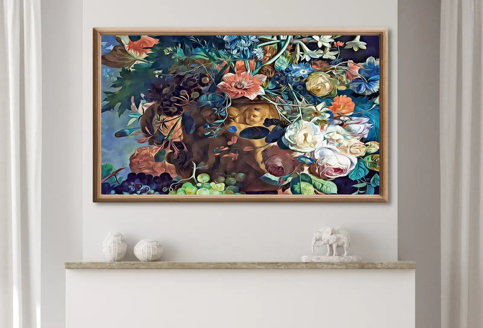 Detail view of artwork from Samsung Frame TV Art 4K Still life Painting. Flowers Vase Botanical Wall Art. Instant Download Colorful Retro Style Floral Art for Frame TV. (variation 1)