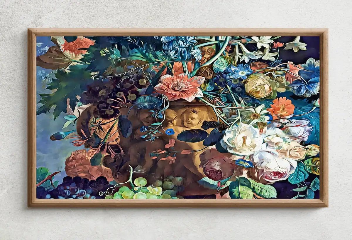 Detail view of artwork from Samsung Frame TV Art 4K Still life Painting. Flowers Vase Botanical Wall Art. Instant Download Colorful Retro Style Floral Art for Frame TV. (variation 2)
