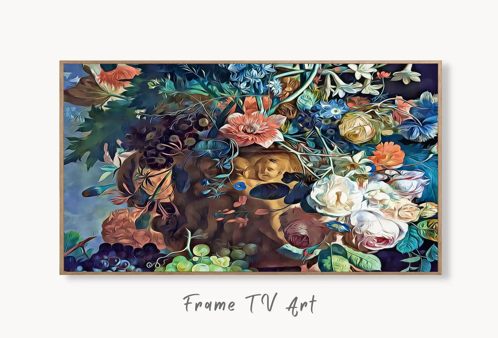 Samsung Frame TV Art 4K Still life Painting. Flowers Vase Botanical Wall Art. Instant Download Colorful Retro Style Floral Art for Frame TV displayed on Samsung Frame TV on a living room wall.