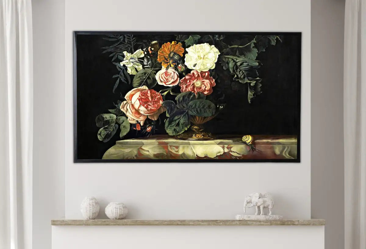 Detail view of artwork from Samsung Frame TV Art 4K Still life Vintage Painting. Bouquet of Flowers in Vase Art. Instant Download Colorful Retro Floral Art for Frame TV. (variation 2)