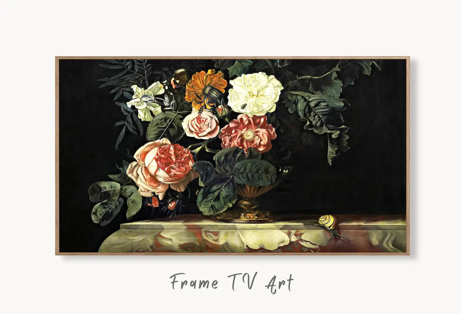 Samsung Frame TV Art 4K Still life Vintage Painting. Bouquet of Flowers in Vase Art. Instant Download Colorful Retro Floral Art for Frame TV displayed on Samsung Frame TV on a living room wall.