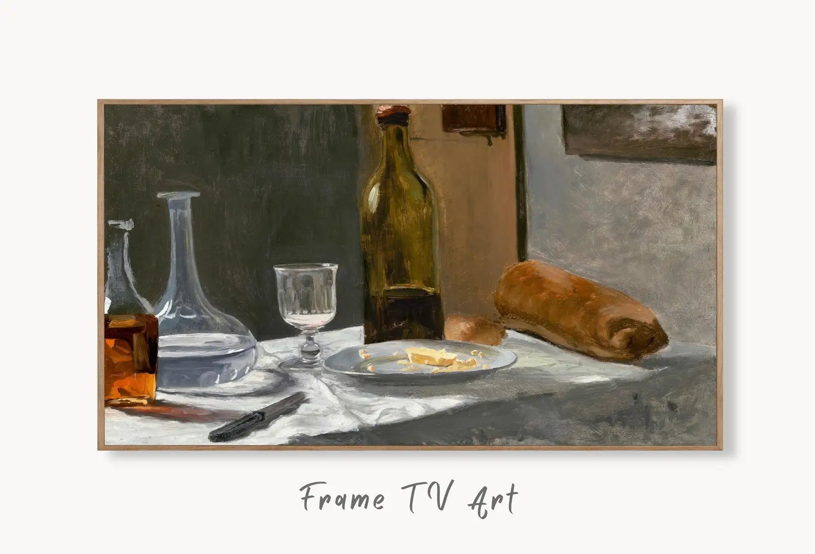 Samsung Frame TV Art 4K Still Life w\ Bread Butter & Bottles Famous Monet Painting. Instant Download Wall Art for Frame TV. Vintage Wall Art displayed on Samsung Frame TV on a living room wall.