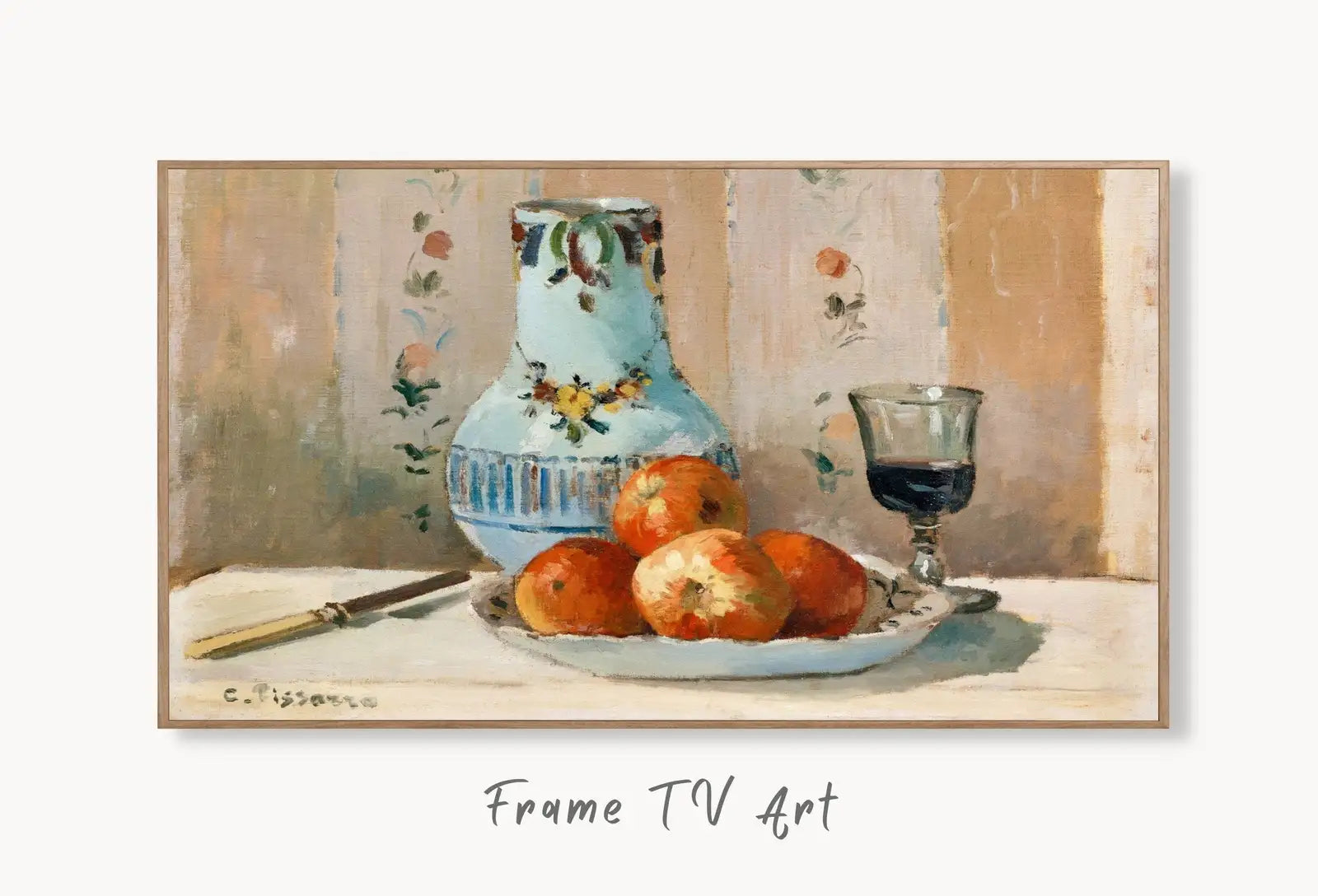 Samsung Frame TV Art 4K Still Life with Apples and Pitcher Famous Monet Painting. Instant Download Wall Art for Frame TV. Vintage Wall Art displayed on Samsung Frame TV on a living room wall.