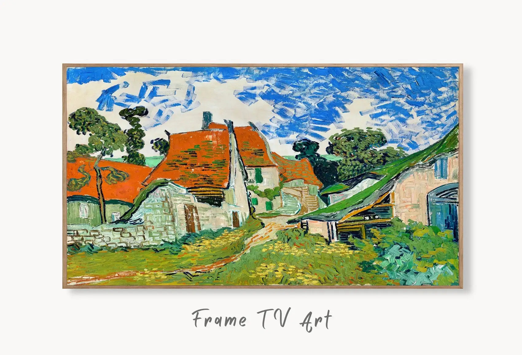 Samsung Frame TV Art 4K Street in Auvers Famous Painting by Vincent van Gogh. Instant Download van Gogh Art for the Frame TV. Vintage Decor displayed on Samsung Frame TV on a living room wall.