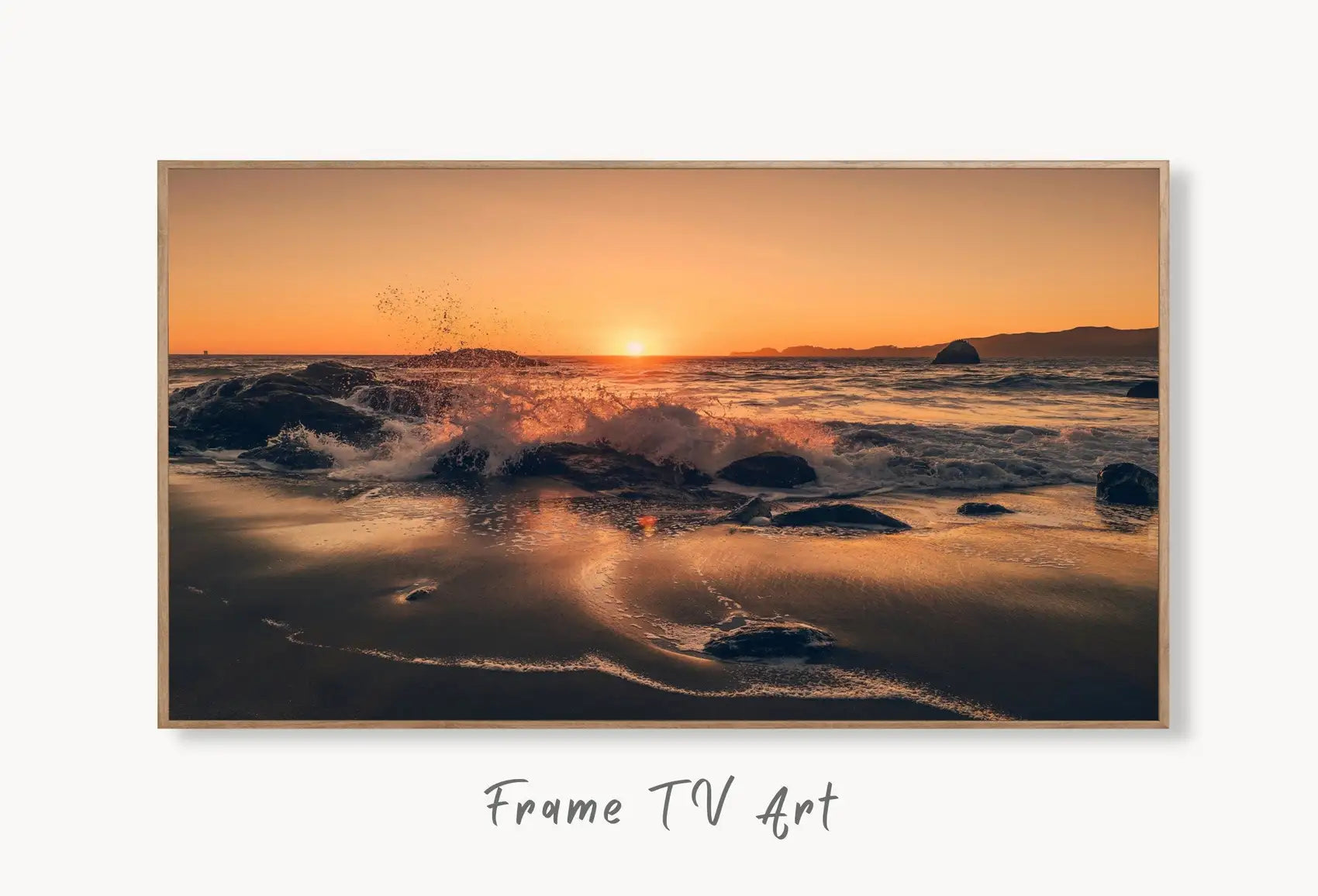 Samsung Frame TV Art 4K Sunset on the Beach Landscape Photography. Instant Download Sunset Coastal Nautical Art for the Frame TV. Art for TV displayed on Samsung Frame TV on a living room wall.