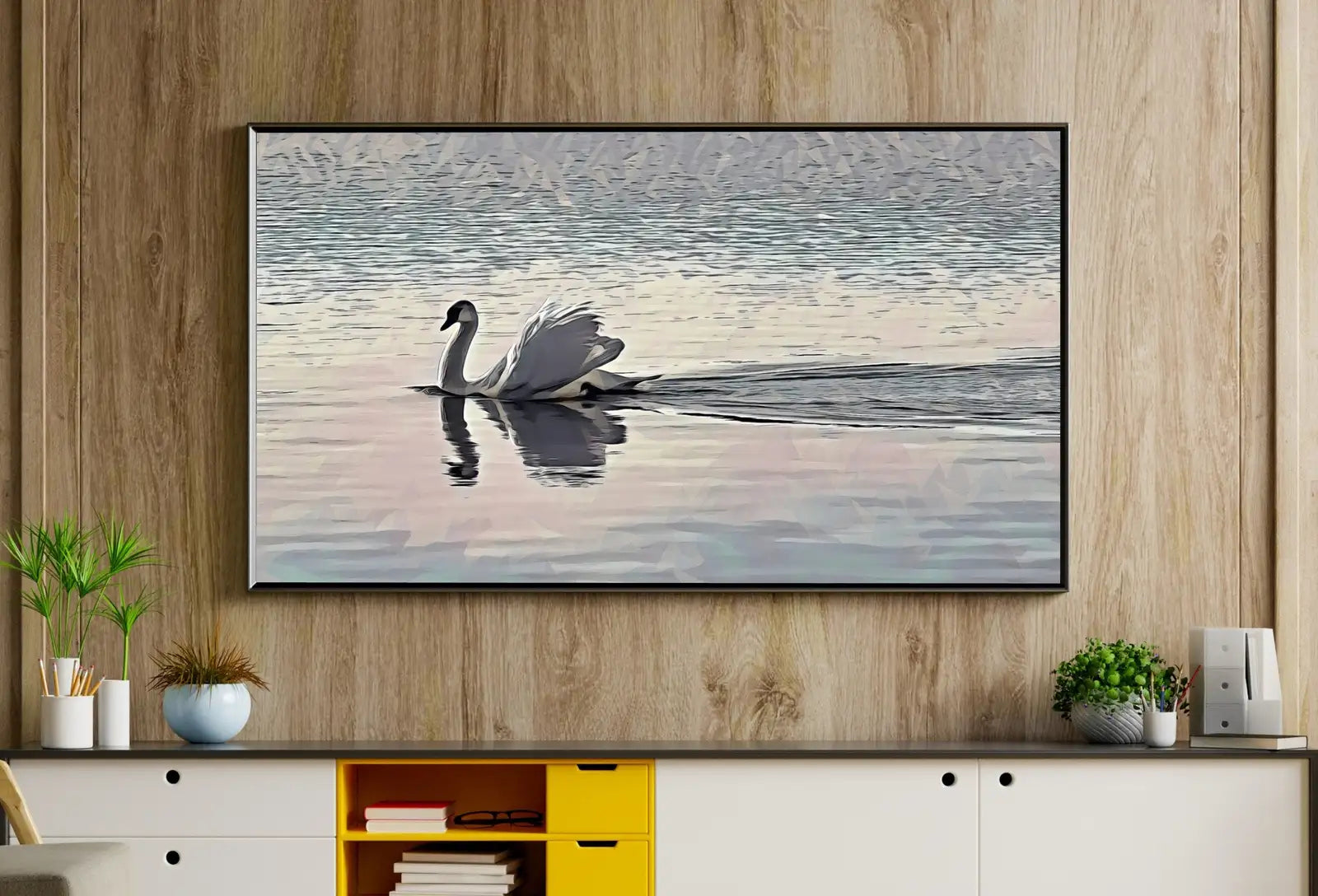 Detail view of artwork from Samsung Frame TV Art 4K Swimming Swan, Digital Download, Digital Art for Tv Swan Decor, White Frame TV Art, Swan Painting. (variation 1)