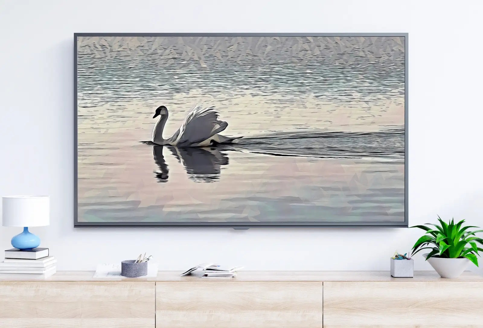 Detail view of artwork from Samsung Frame TV Art 4K Swimming Swan, Digital Download, Digital Art for Tv Swan Decor, White Frame TV Art, Swan Painting. (variation 6)