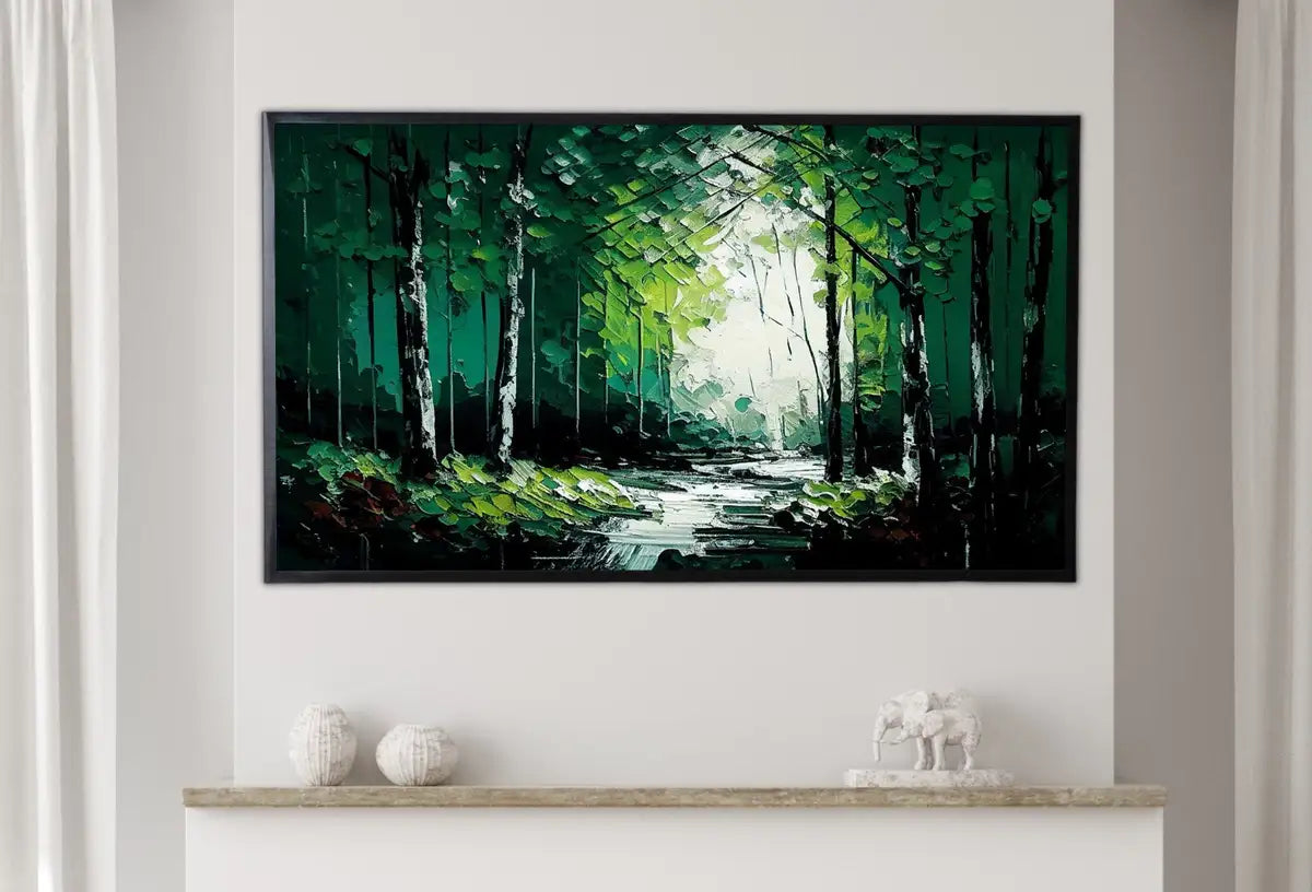 Detail view of artwork from Samsung Frame TV Art 4K Textured Abstract Painting Forest & River Landscape. Instant Download Forest Art for Samsung Frame TV. Art for TV. (variation 2)