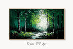 Samsung Frame TV Art 4K Textured Abstract Painting Forest & River Landscape. Instant Download Forest Art for Samsung Frame TV. Art for TV displayed on Samsung Frame TV on a living room wall.