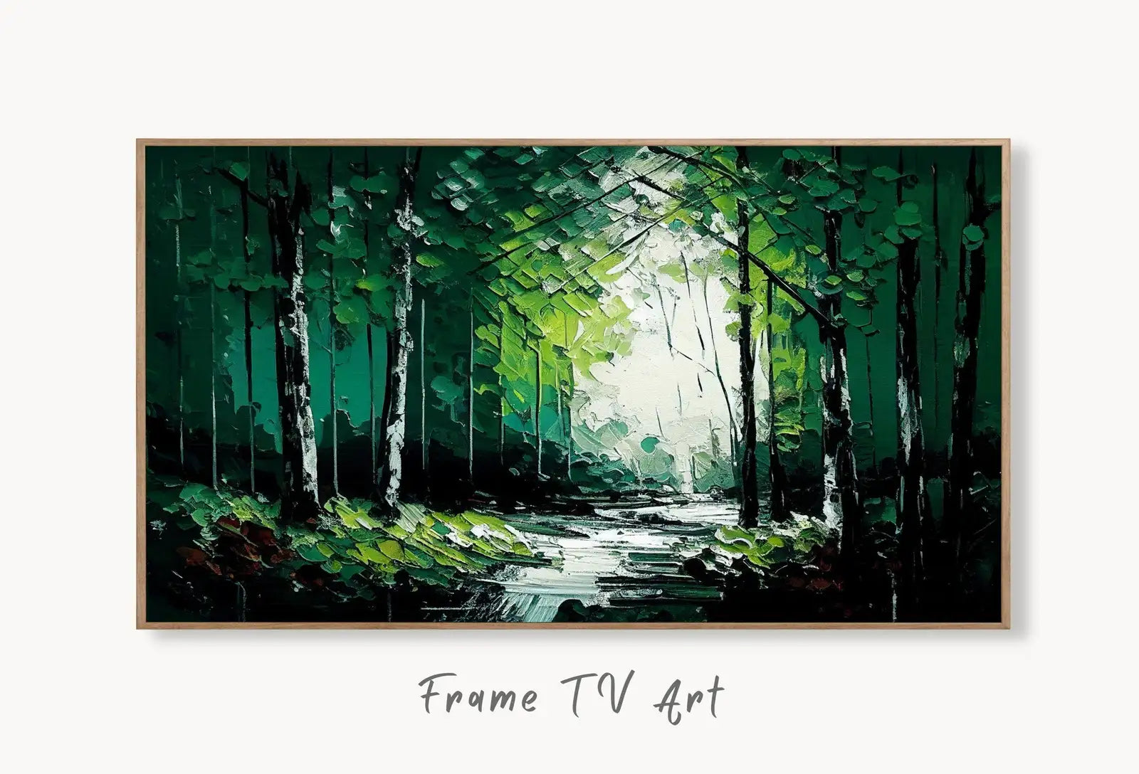 Samsung Frame TV Art 4K Textured Abstract Painting Forest & River Landscape. Instant Download Forest Art for Samsung Frame TV. Art for TV displayed on Samsung Frame TV on a living room wall.