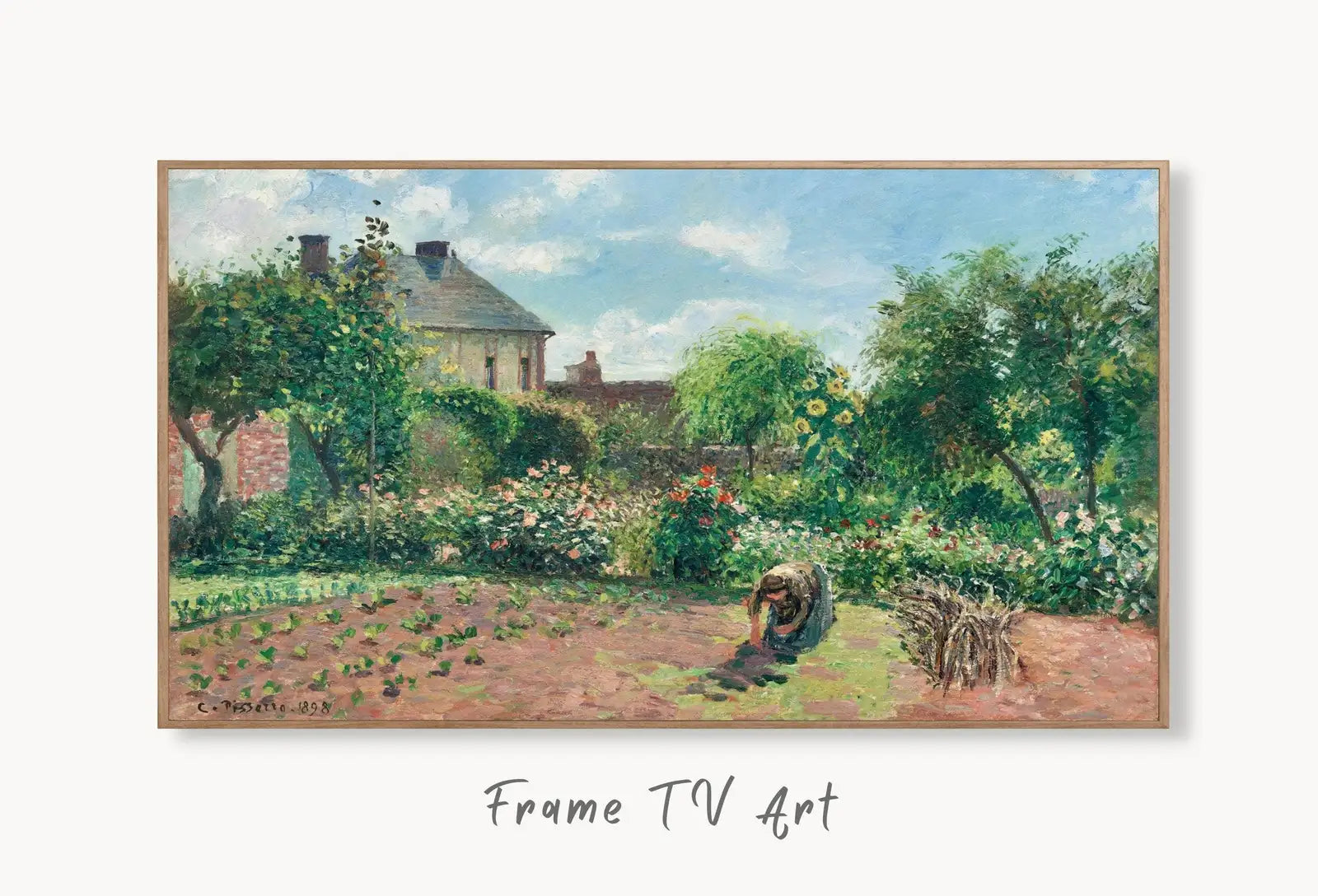 Samsung Frame TV Art 4K The Artist's Garden Famous French Countryside Painting. Instant Download Landscape Art for Frame TV Vintage Wall Art displayed on Samsung Frame TV on a living room wall.