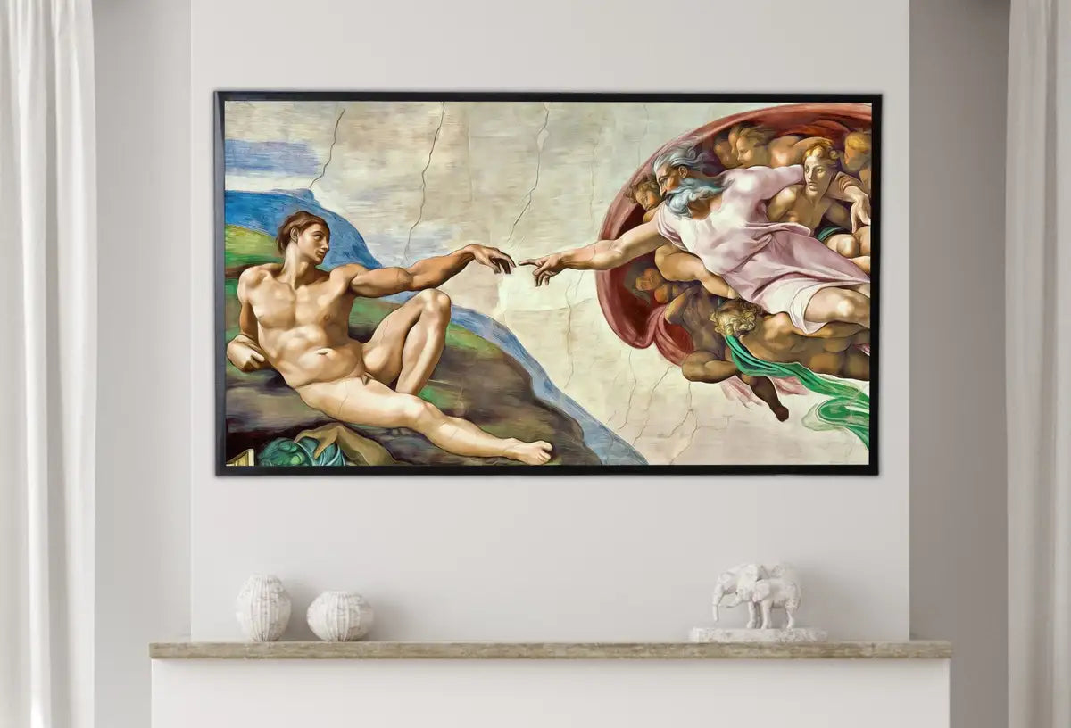 Detail view of artwork from Samsung Frame TV Art 4K The Creation of Adam Famous Michelangelo Painting. Instant Download Enhanced Vintage Classic Painting for Frame TV. (variation 2)