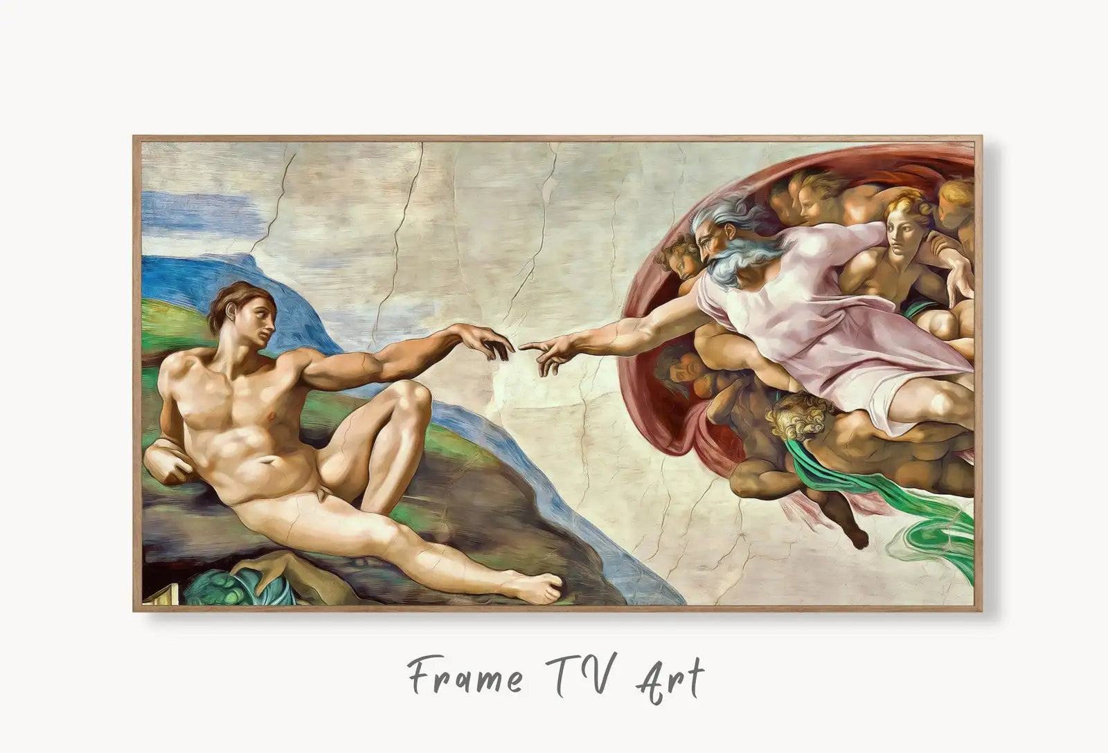 Samsung Frame TV Art 4K The Creation of Adam Famous Michelangelo Painting. Instant Download Enhanced Vintage Classic Painting for Frame TV displayed on Samsung Frame TV on a living room wall.